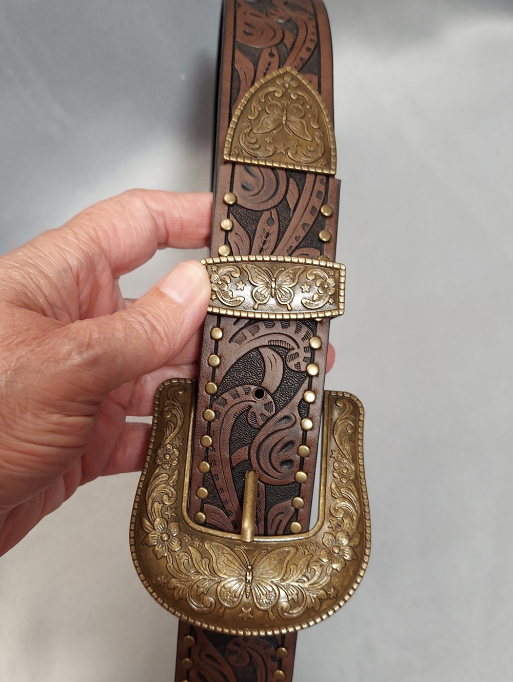 Weatern Belt, Brown, Embossed Butterflys , Brasstone, Vegan